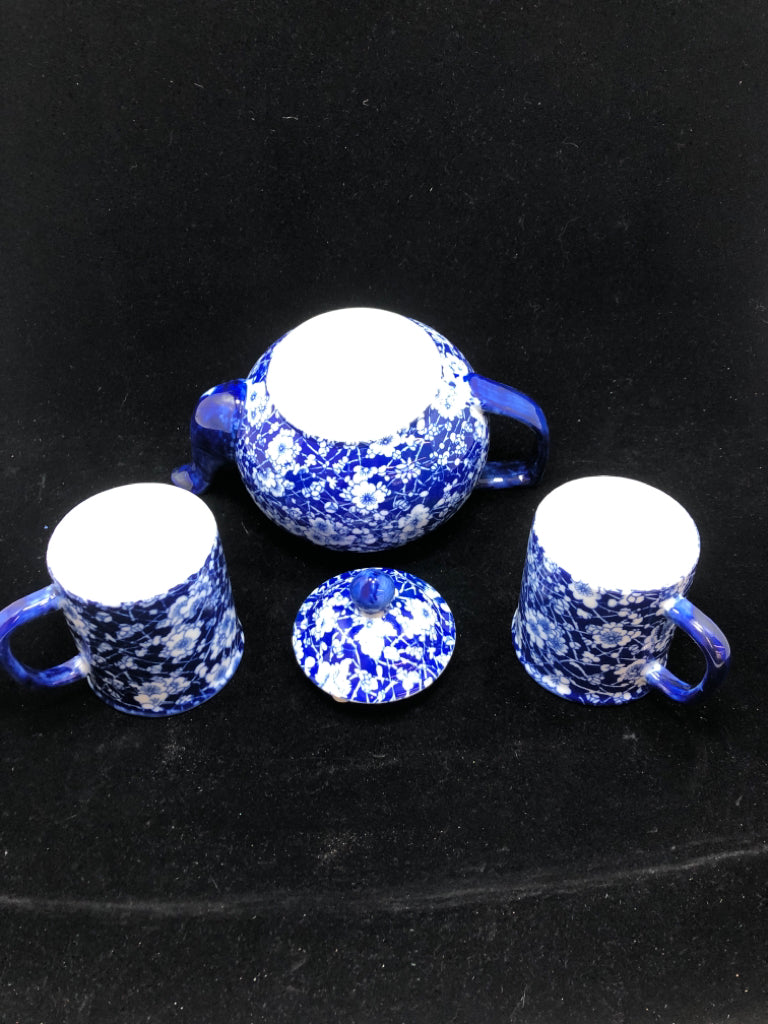3PC BLUE FLORAL TEAPOT W/ MUGS.