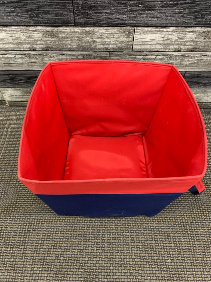 RED CLOTH STORAGE BIN W/WHEELS & HANDLE.