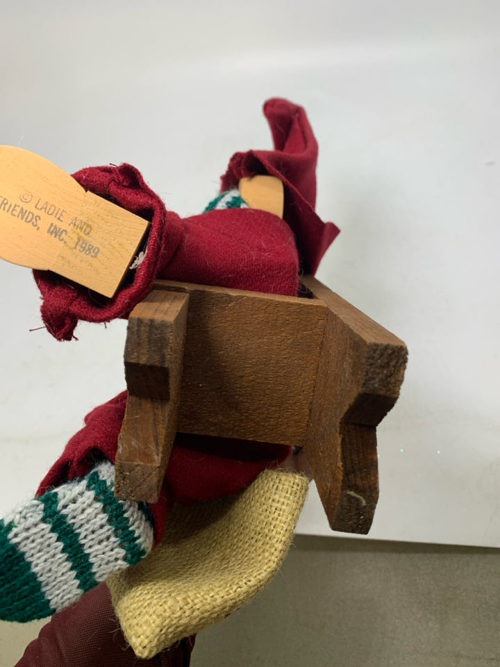 WOOD SANTA SITTING ON CHAIR W/ BURLAP SACK LIZZIE HIGH DOLLS.