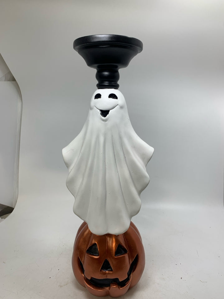 JACKO LANTERN GHOST STACKED TALL PILLAR CANDLE HOLDER.