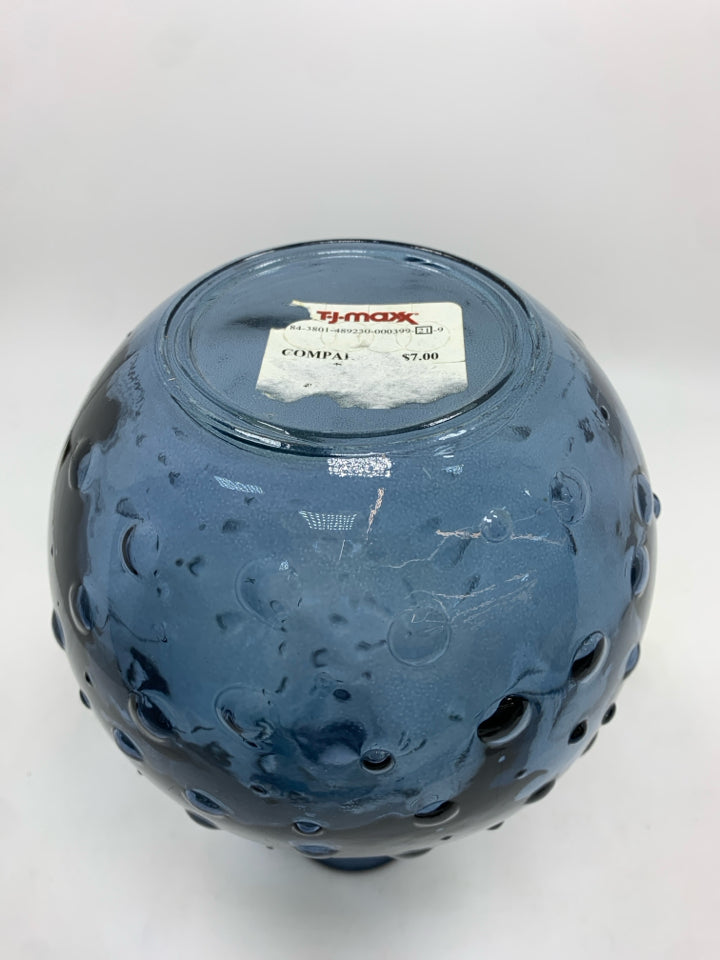 BLUE GLASS VASE W/HOBNAIL DETAILS.