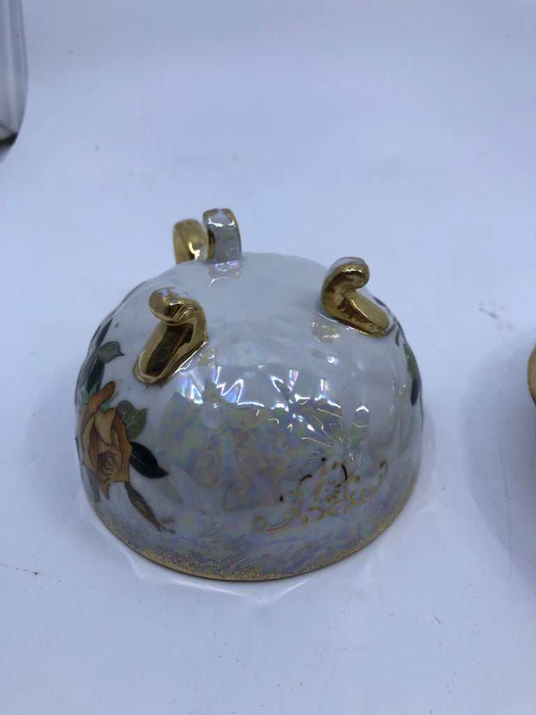 GOLD/GREY IRIDESCENT FLORAL TEACUP AND SAUCER.