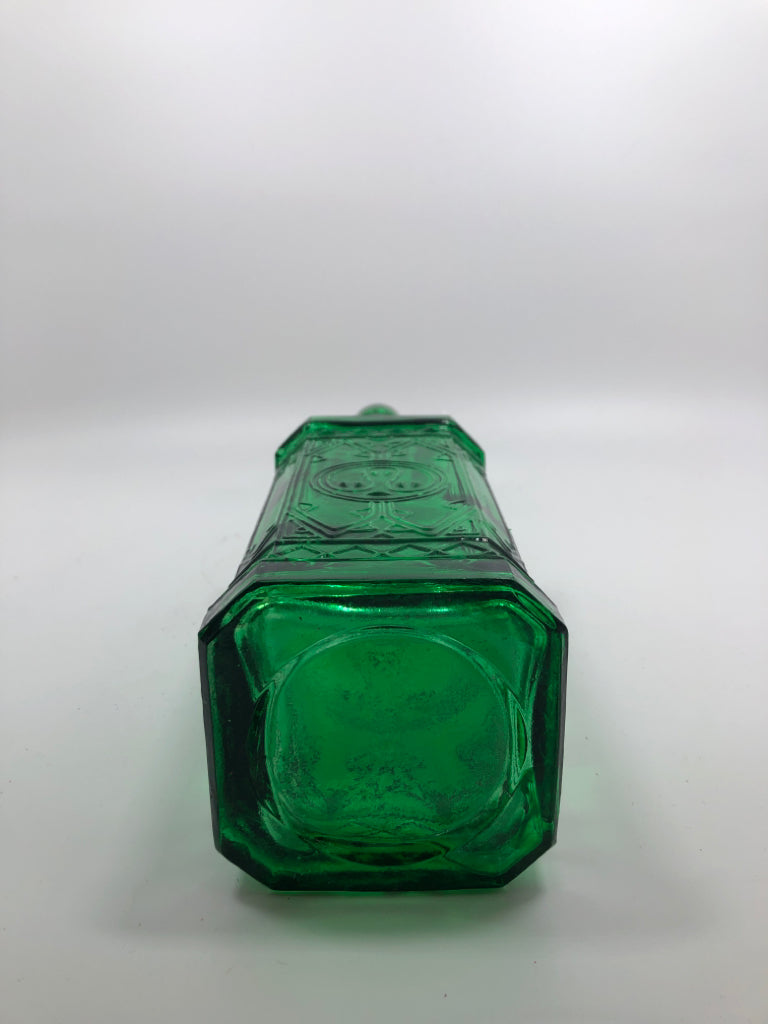 TALL EMERALD GLASS DECORATIVE BOTTLE W/CORK.