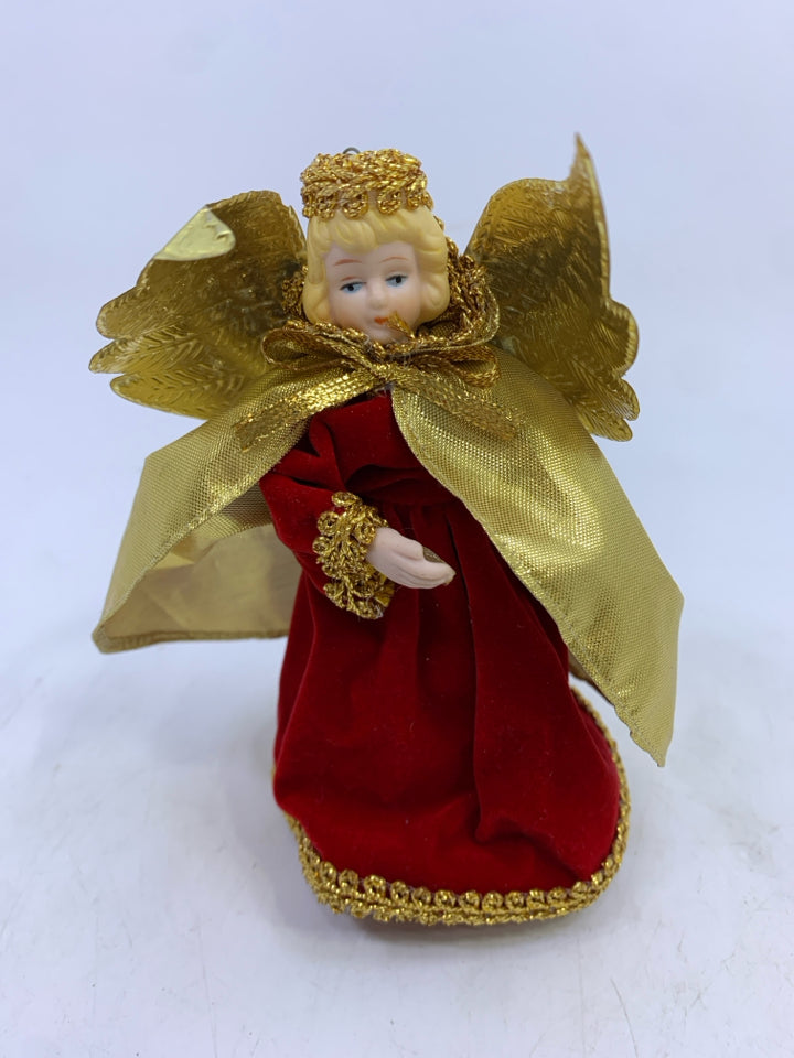 MINI RED DRESS GOLD WINGS/CAPE ANGEL TREE TOPPER.