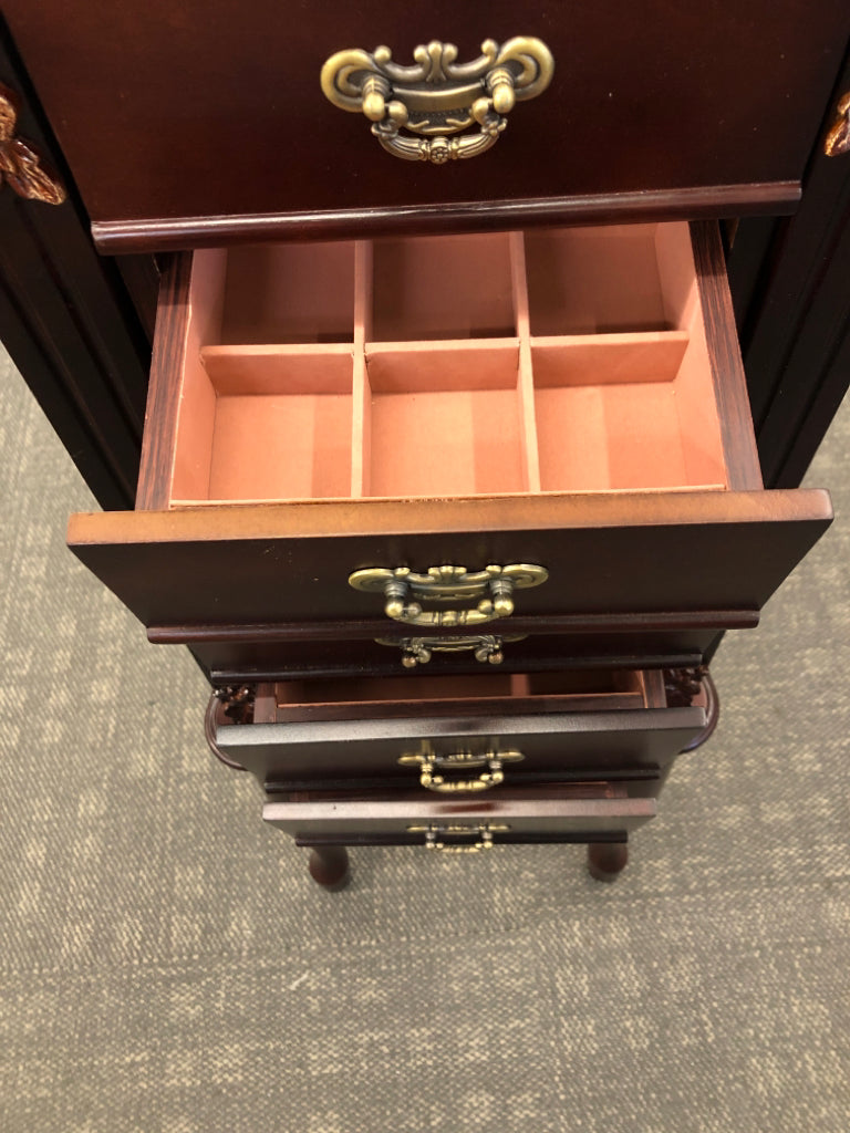 CHERRY WOOD JEWELRY ARMOIRE W/FLIP TOP 4 DRAWERS.