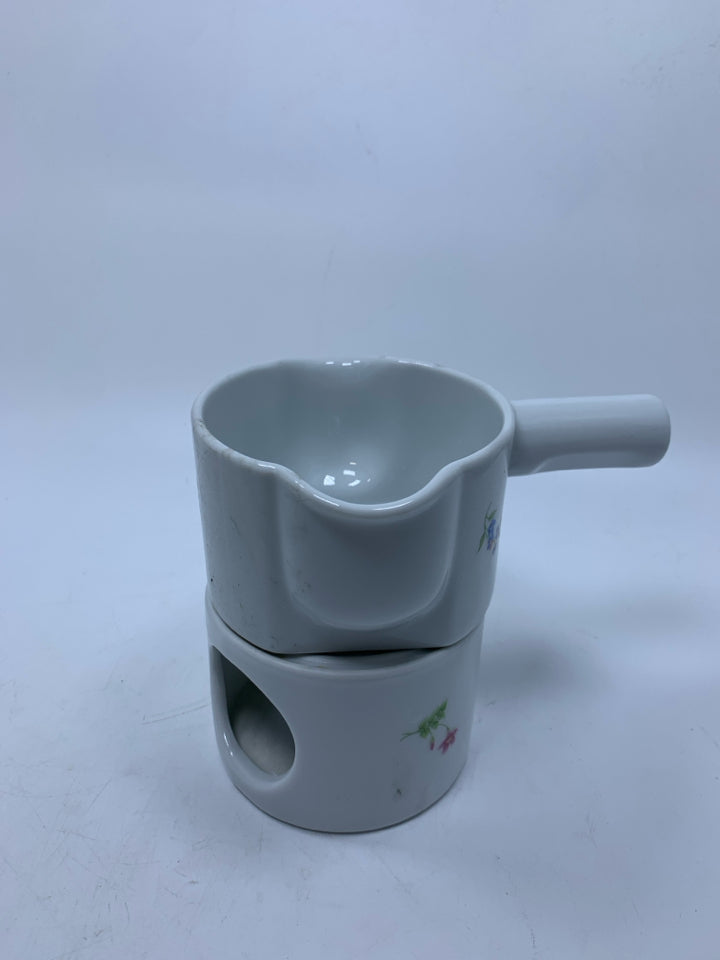 2 PC TEA LIGHT WARM W/ HEATING SAUCE POT FLORAL DETAILS.