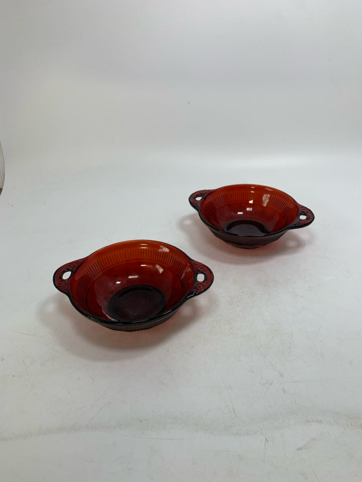 2 VTG DARK RED BERRY BOWLS W/ HANDLES.