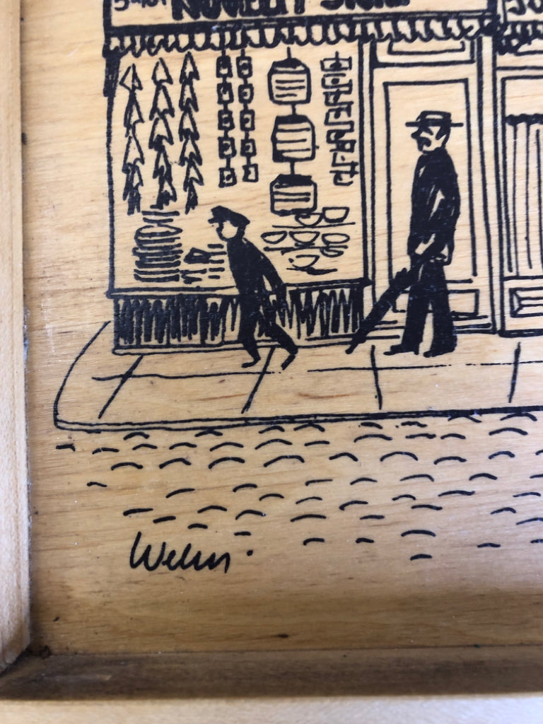 VTG WOOD WALL ART W/ TOWN ILLUSTRATION.
