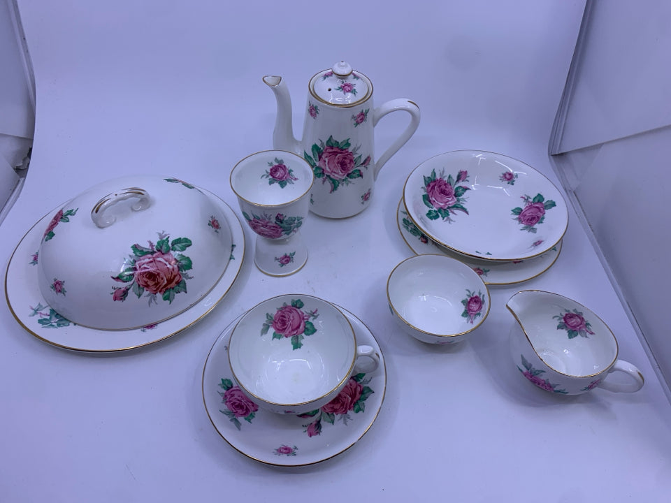 10PC ROSE SINGLE SERVER TEA SET- 2 PLATES, CUP SAUCER, SUGAR CREAMER, DOME, EGG