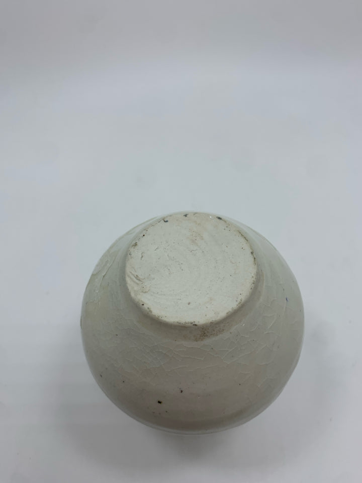 WHITE CERAMIC BUD VASE/EARTHTONE BLUE/BROWN DETAILS.