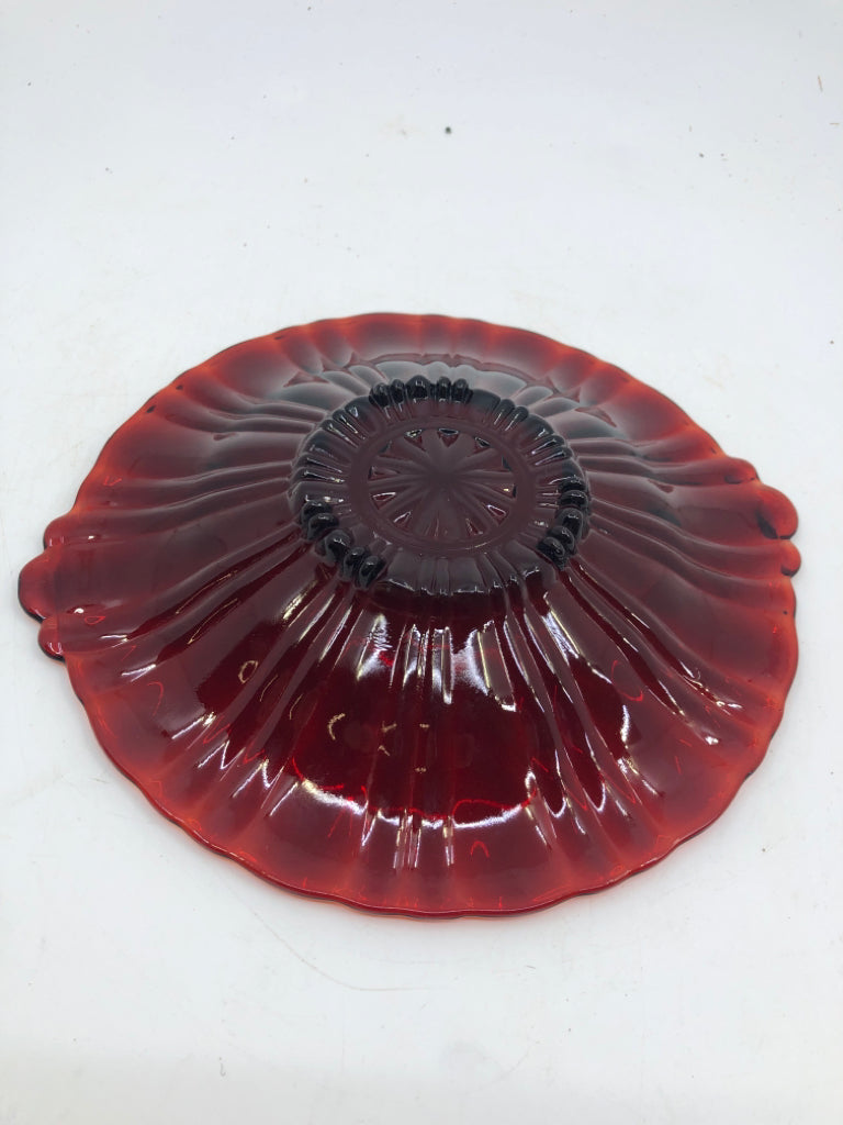 CRANBERRY GLASS SERVER W SMALL HANDLES.
