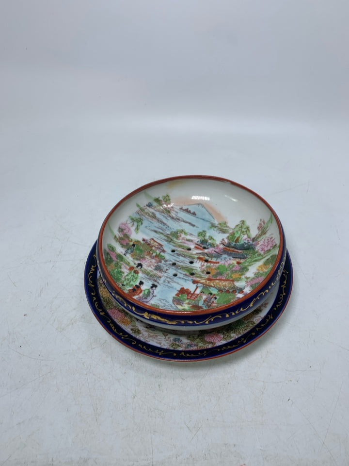 2PC BERRY BOWL W/ CATCH PLATE ASIAN STYLE VILLAGE W/ MOUNTAIN SCENE.