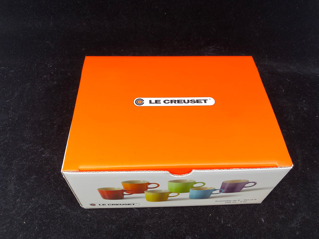 6 NIB LE CREUSET ESPRESSO MUGS.