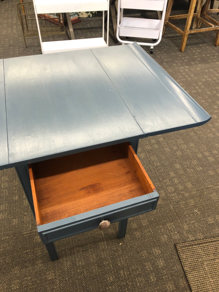 PAINTED BLUE TABLE W/FOLD-UP SIDES & DRAWER.