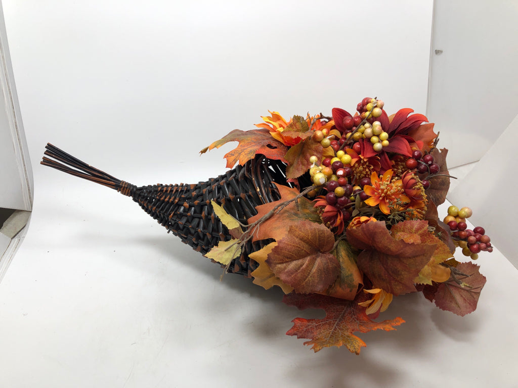 BLACK/BROWN WICKER CORNUCOPIA W/FAUX FALL LEAVES, SUNFLOWERS AND PIP.