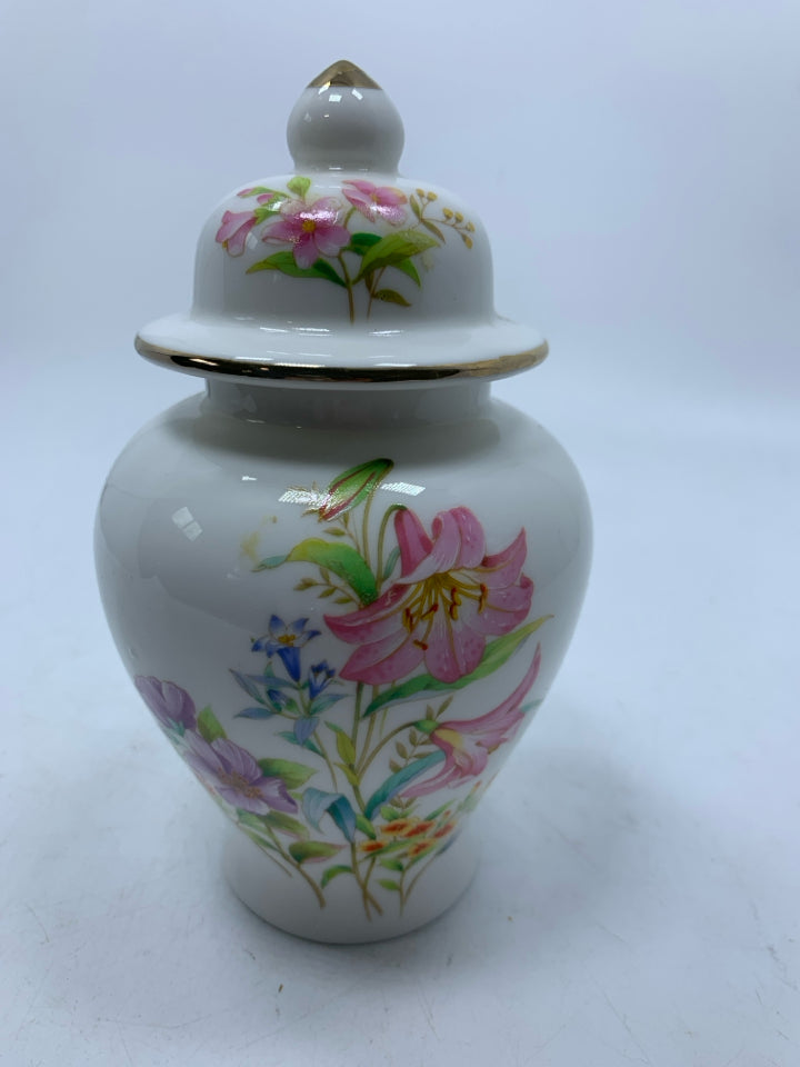 PINK LILY FLOWERS COVERED GINGER JAR.