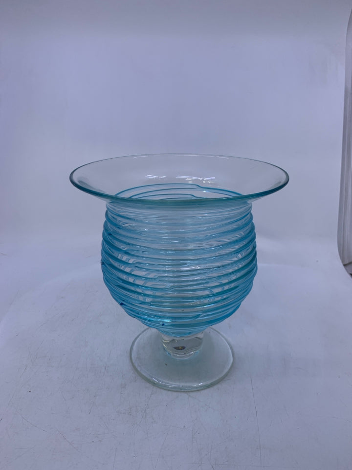 FOOTED GLASS CANDLE HOLDER W/ BLUE LINES.