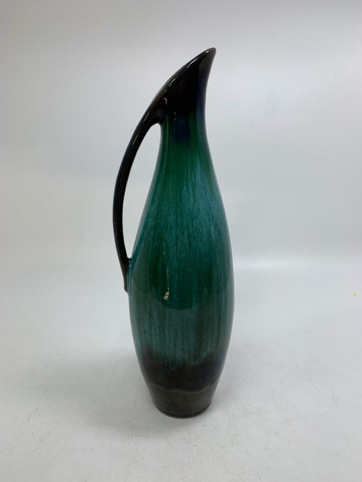 VTG DARK BROWN/TEAL GLAZE DRIP EWER.