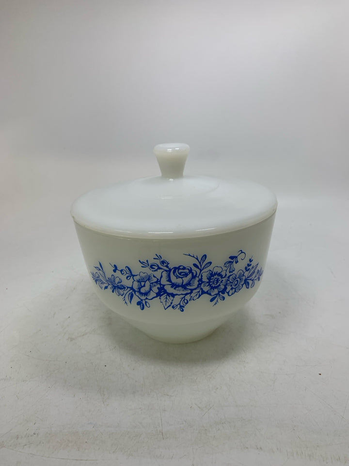 VTG MILK GLASS BLUE ROSES MIXING BOWL W/ LID.