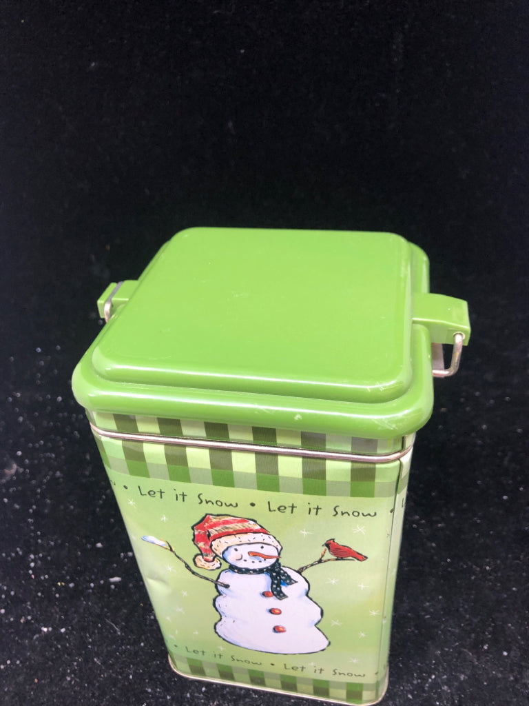 GREEN SNOWMAN METAL TIN.