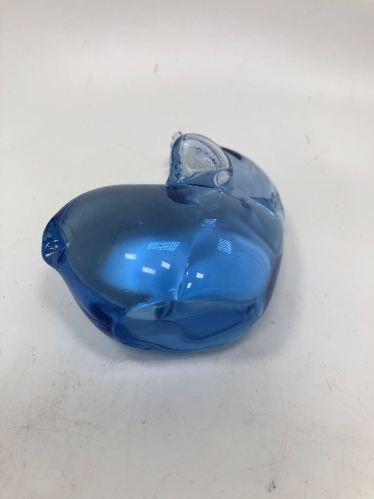 BLUE BLOWN GLASS ELEPHANT PAPERWEIGHT.