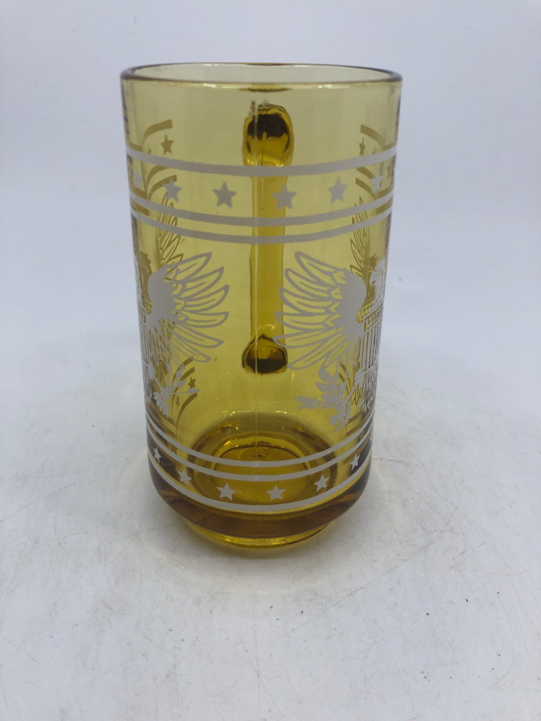 6 AMBER GLASS BEER MUG W/ WHITE PRINTED EAGLE.