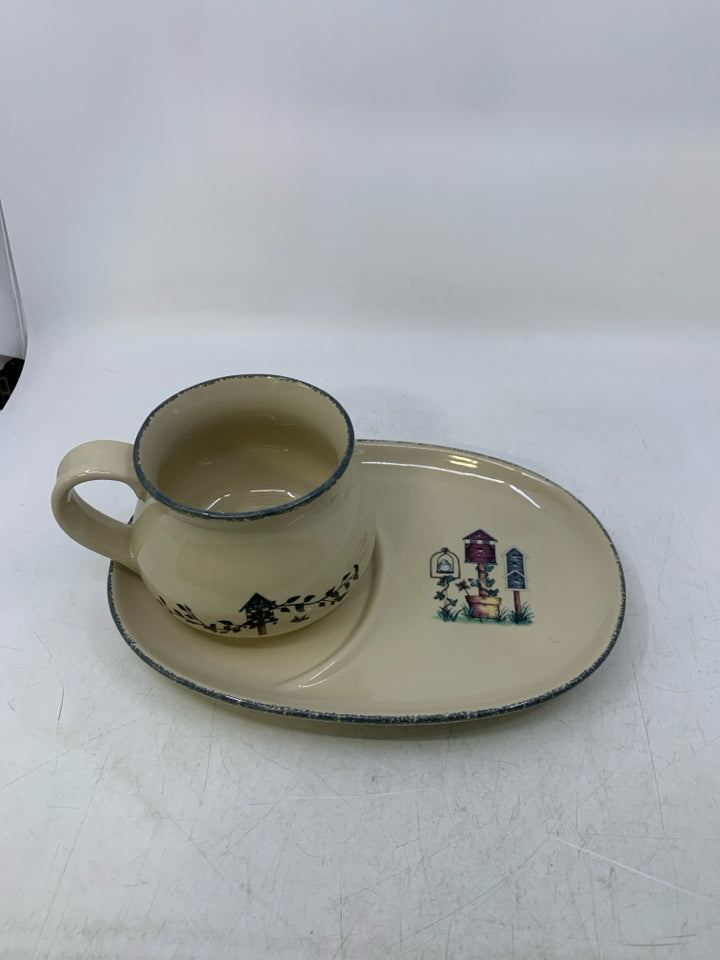 2 PC SNACK PLATE/SOUP BOWL W/ BIRD HOUSES.