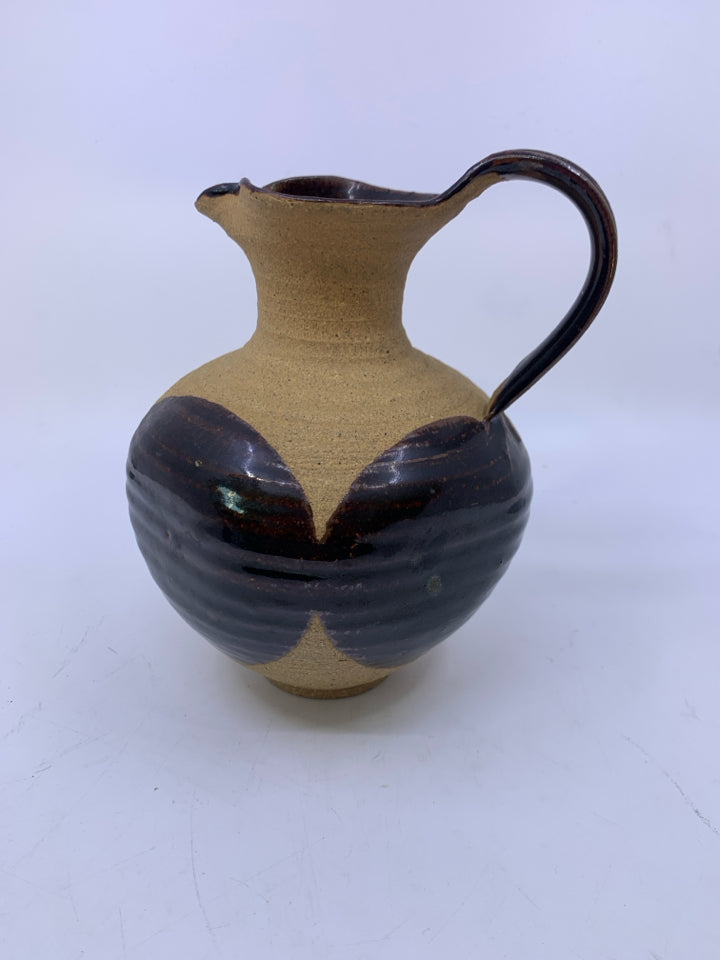 MATTE TAN PITCHER W/ LARGE DARK BROWN SPOTS/INSIDE.
