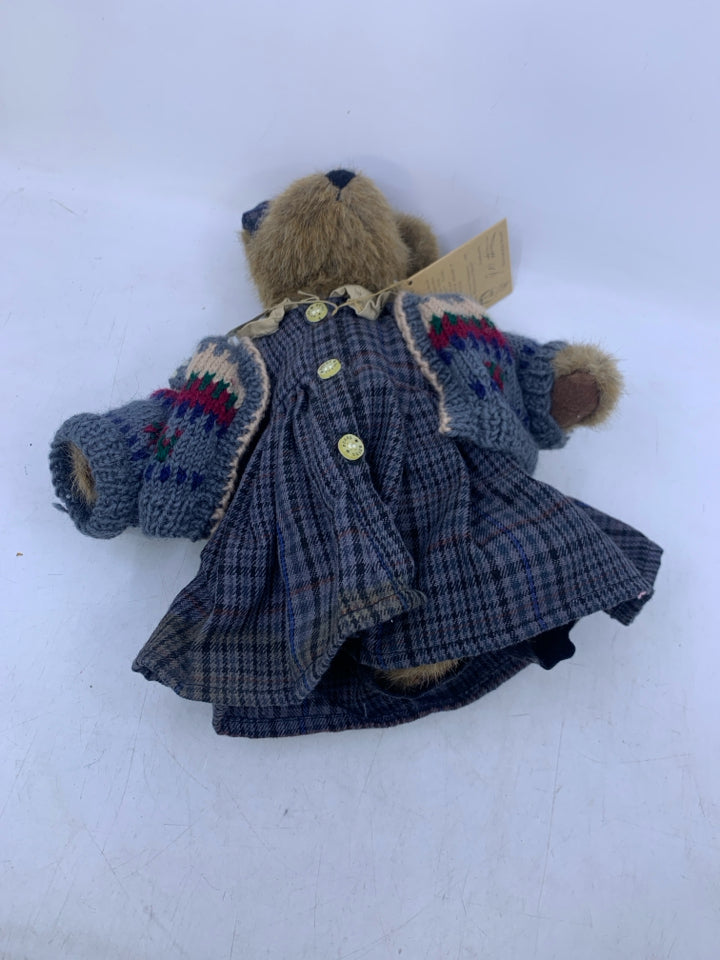 LIGHT BROWN BEAR W/ PLAID DRESS/SWEATER ON BOYDS BEAR.