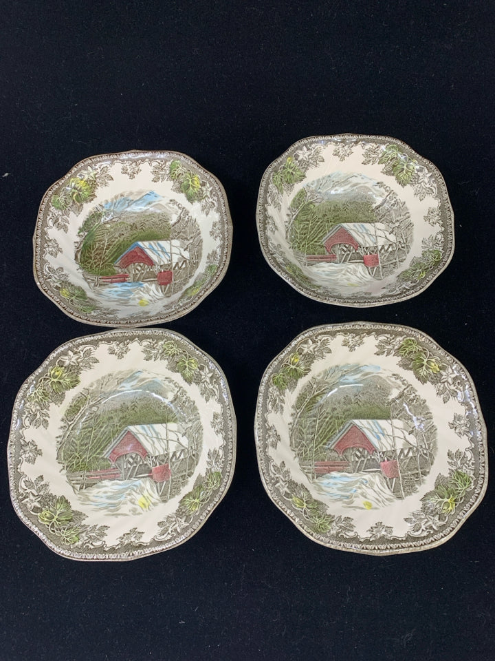 4 VTG SOUP BOWLS RED BARN SCENE JOHNSON BROS.