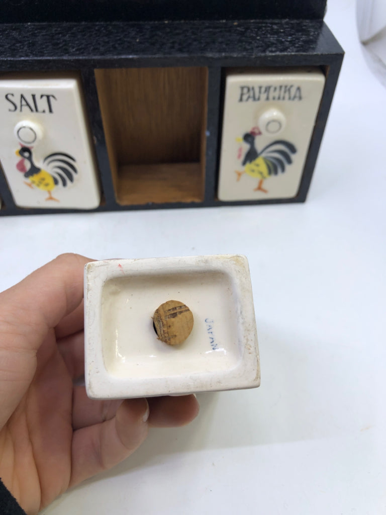 VTG WOODEN SPICE RACK W CERAMIC CONTAINERS.