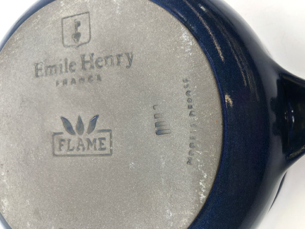 DARK BLUE POTTERY FONDUE SET + FORKS.