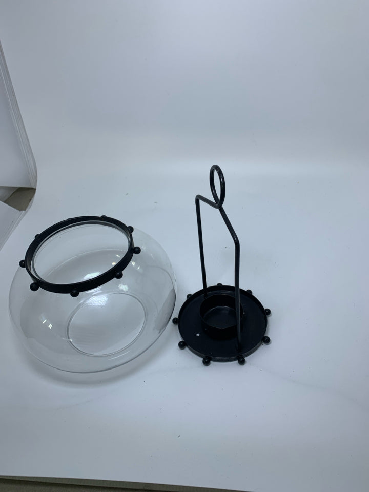 BLACK METAL BASE W/ GLASS DOME LANTERN TEA LIGHT HOLDER.