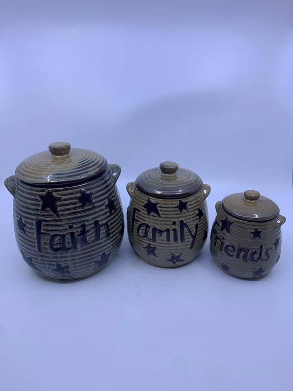 3pc PRIMITIVE FAMILY FAITH AND FRIENDS CANISTERS.