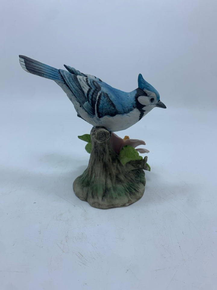 BLUE JAY W/PINK FLOWER FIGURINE.