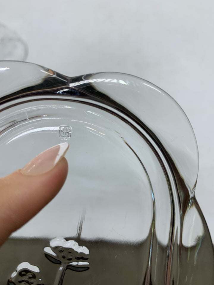 CLEAR GLASS COVERED BUTTER DISH W/ EMBOSSED FLOWERS.