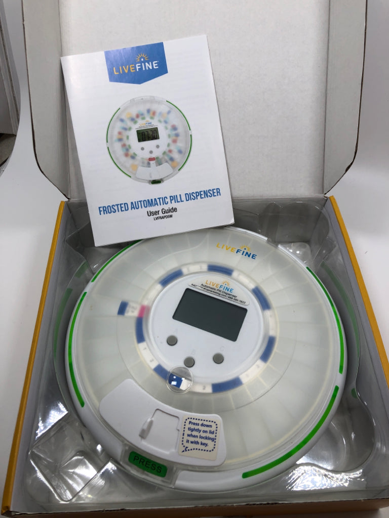 NIB FROSTED AUTOMATIC PILL DISPENSER.