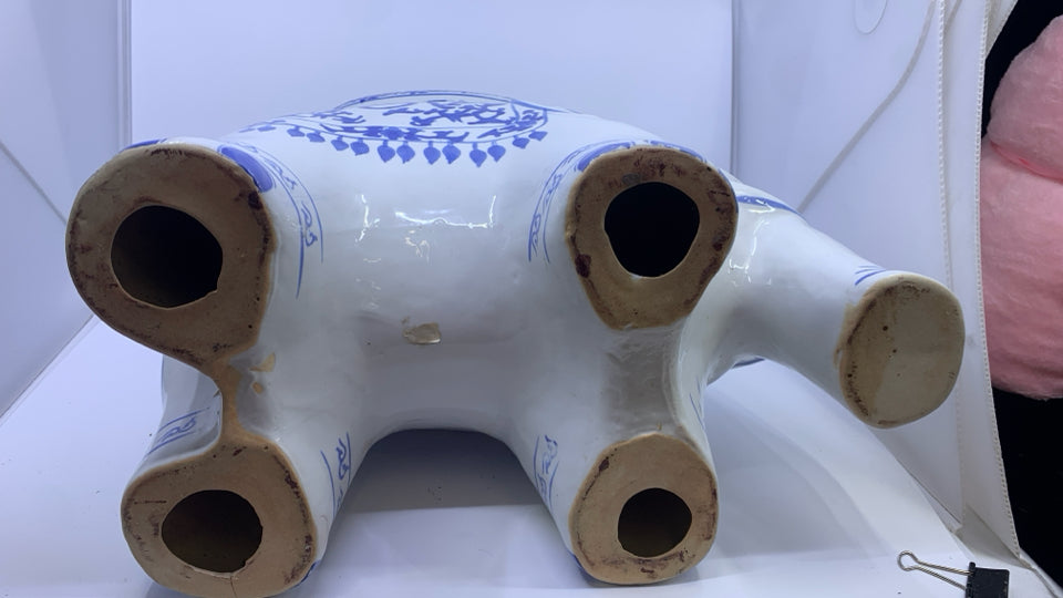 WHITE/BLUE LARGE CERAMIC ELEPHANT.