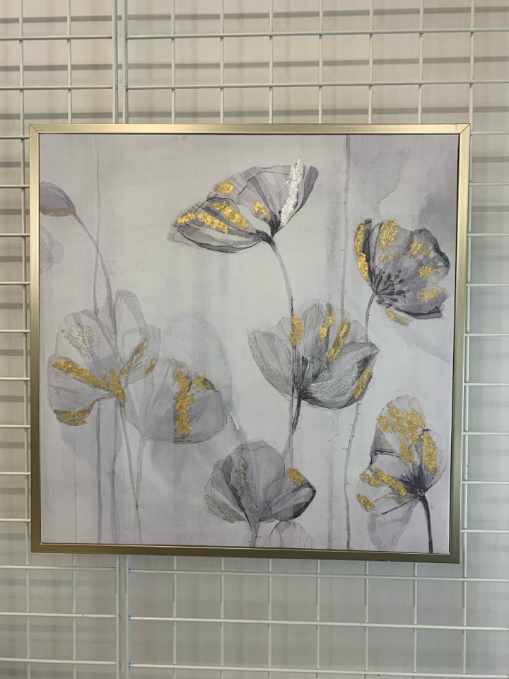 B&W FLORALS ON FRAMED CANVAS W/GOLD DETAILS.