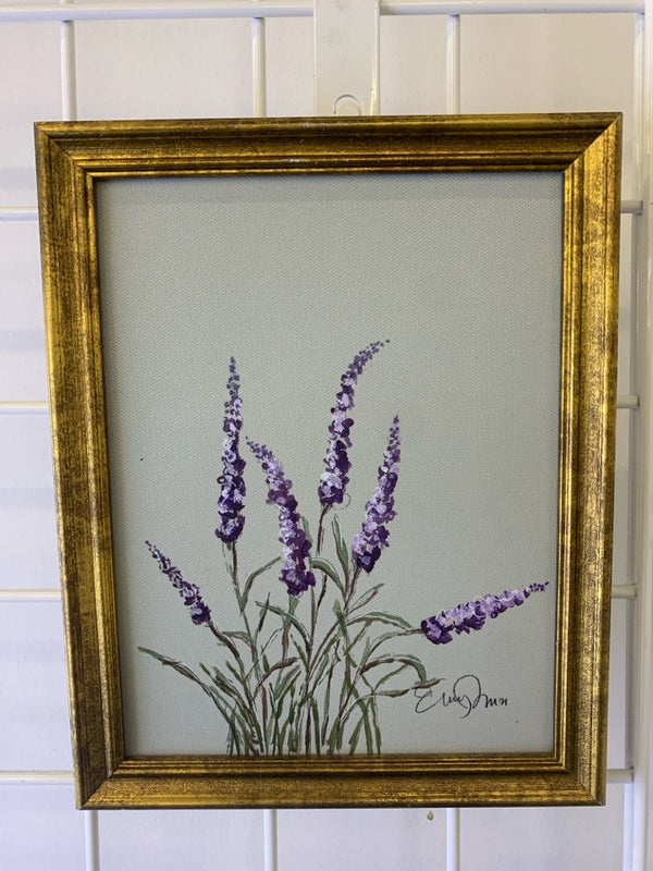 PURPLE FLORAL AND GREEN BACKGROUND IN GOLD FRAME.