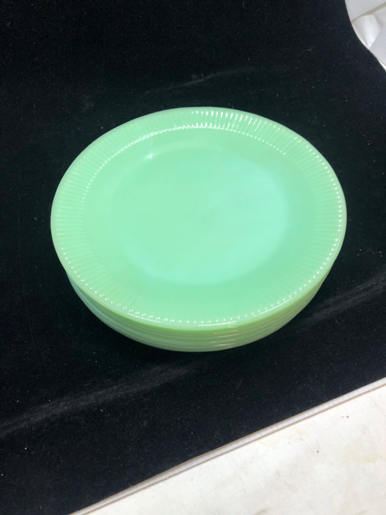 7 VTG JADEITE RIBBED FIRE-KING PLATES.