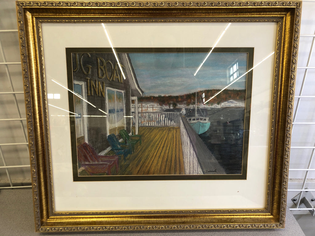 DOCK AND BOAT PAINTING IN GOLD FRAME.