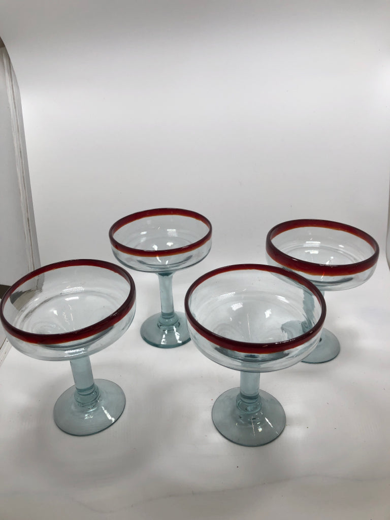 4 RED RIM HEAVY MARGARITA GLASSES