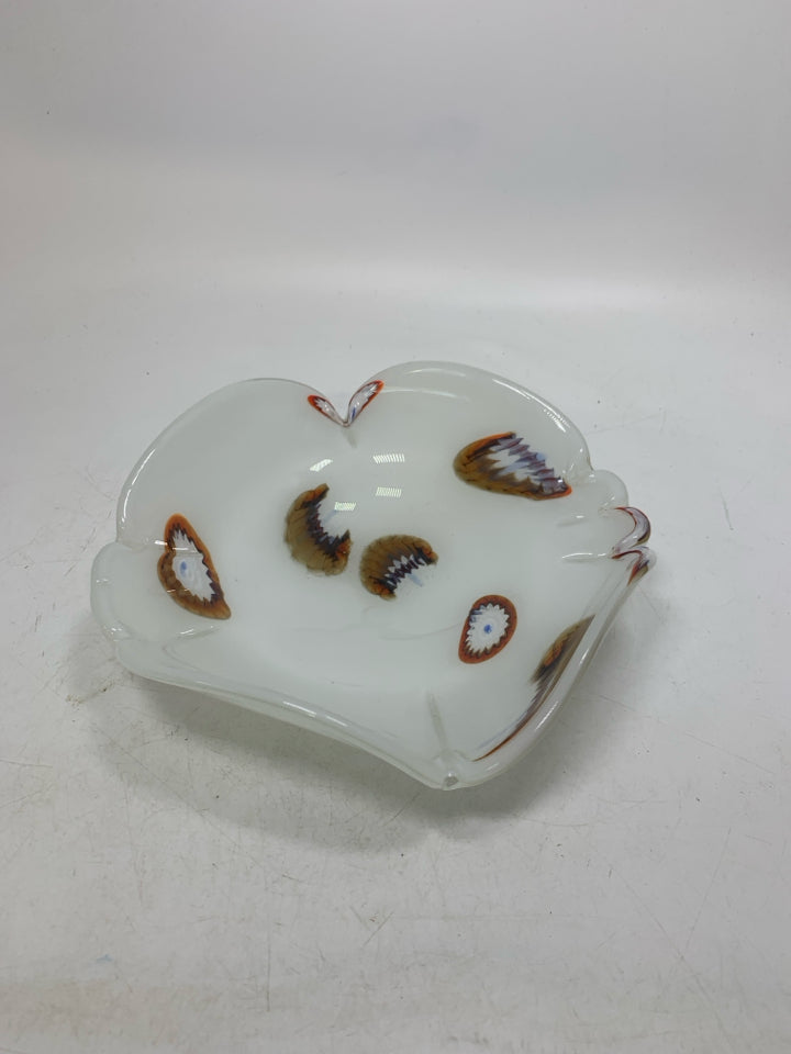BOWL GLASS SHALLOW BOWL W/ ORANGE DETAILS UNEVEN CORNERS.
