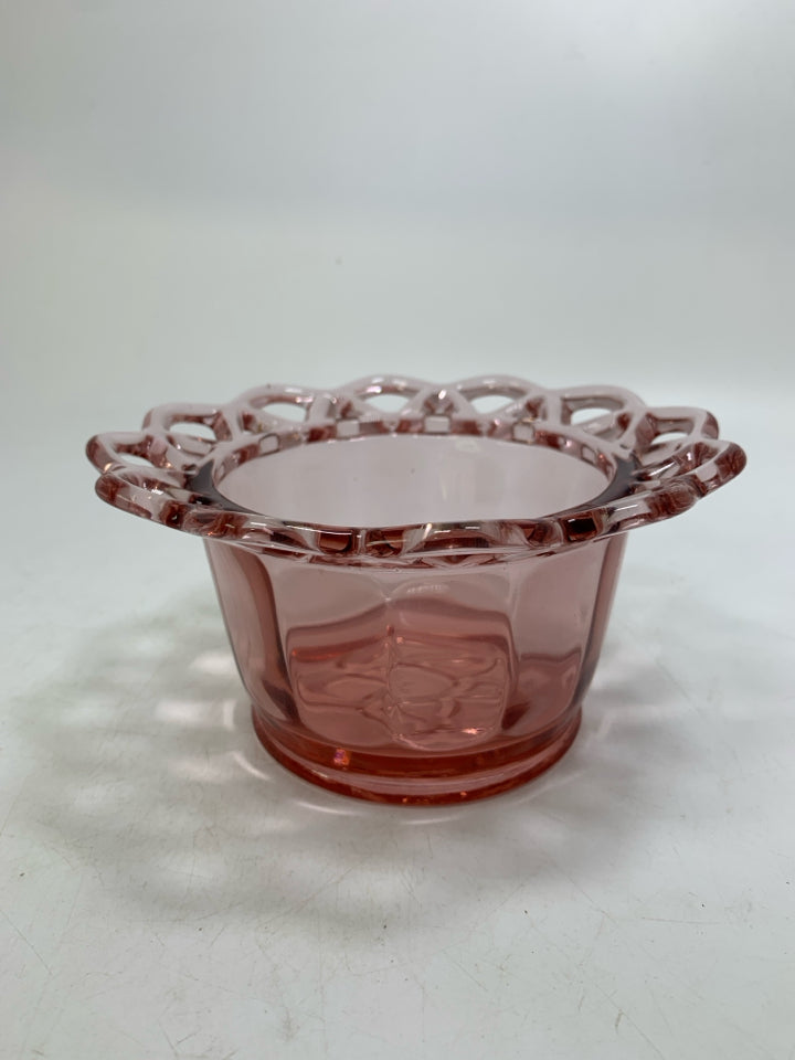 VTG AZALEA PINK GLASS CANDY BOWL W/ LACE EDGE.