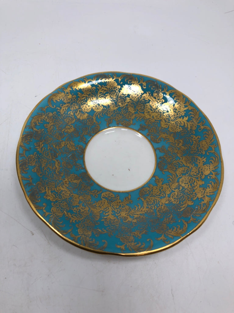 VTG GOLD FILIGREE TURQUOISE TEACUP AND SAUCER.