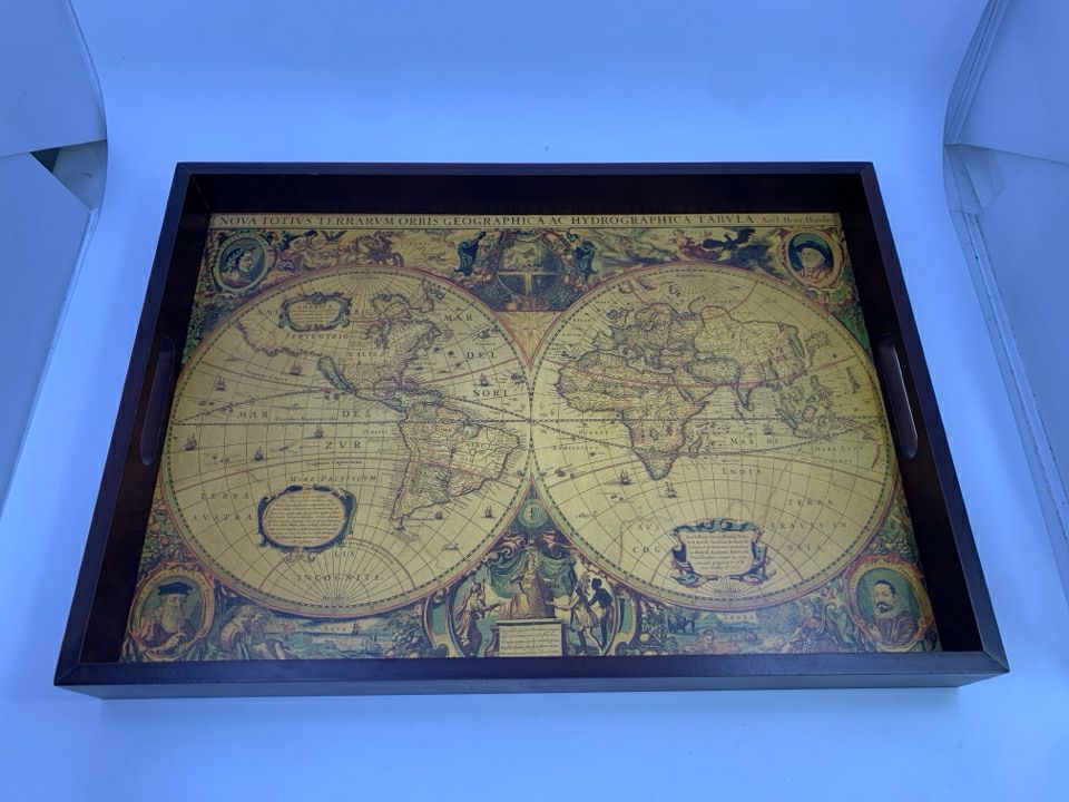 WOOD TRAY W/GLOBE PRINT INSIDE W/HANDLES.