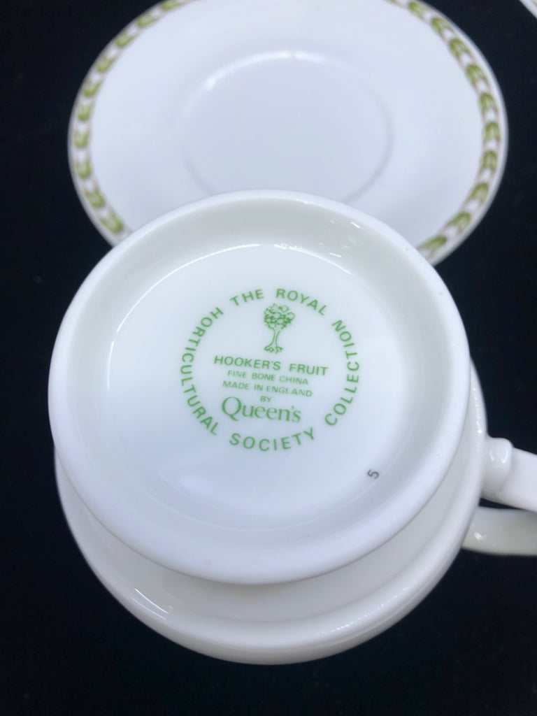 2 FRUIT PAINTED W GREEN RIM TEACUP AND SAUCERS -HOOKER'S FRUIT