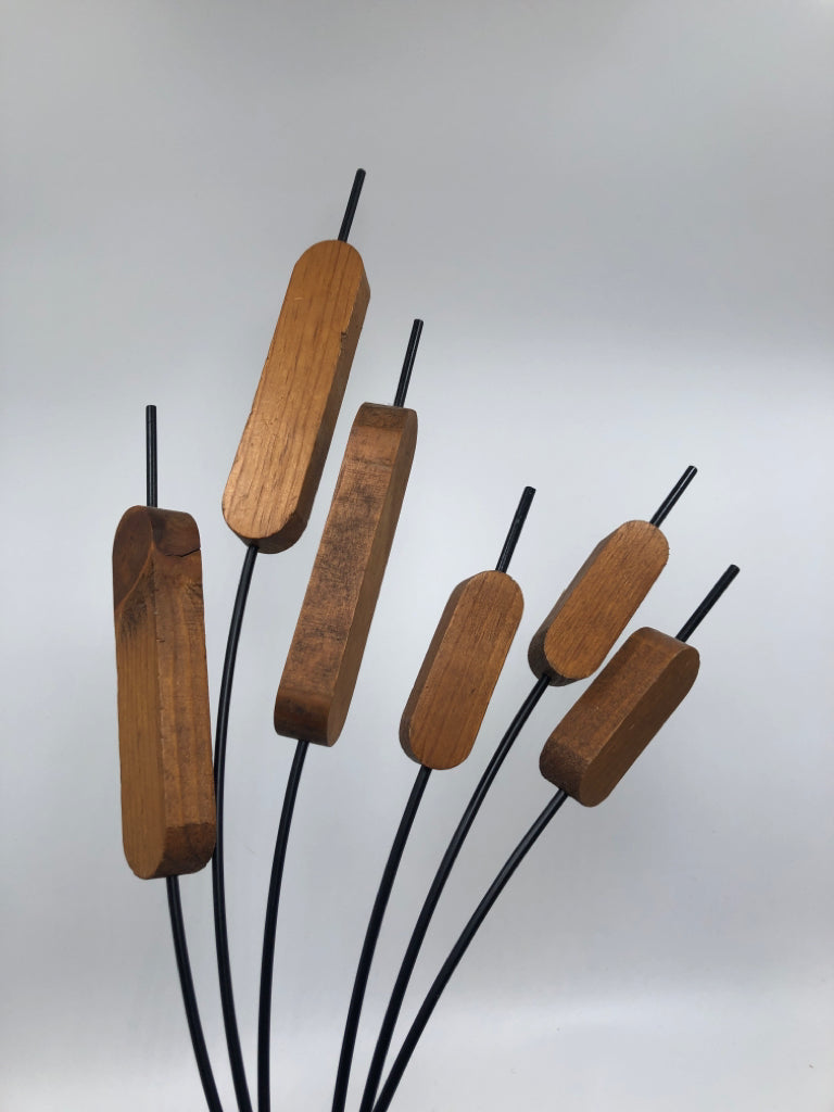 2PC WOODEN CAT TAIL SHAPES ON BLACK METAL STEM DECOR.