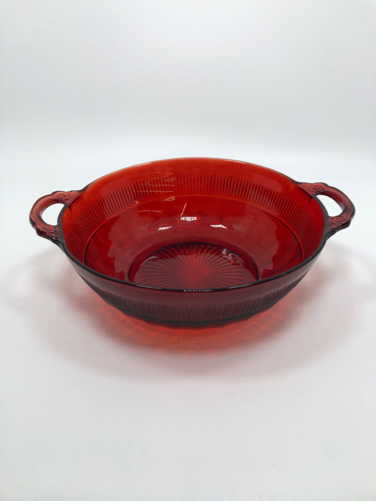 VTG RED GLASS BOWL W/HANDLES.